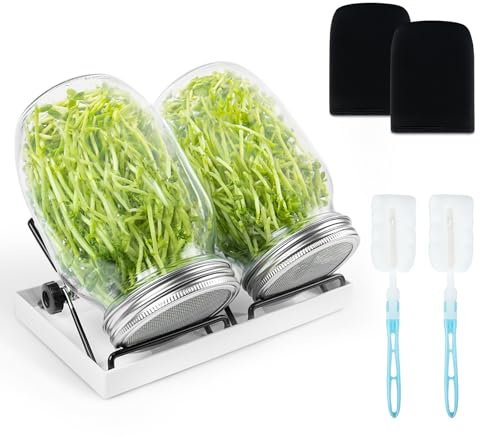 Sprossenglas 2er Set 1000 ml, Keimglas Anzuchtset mit Edelstahl Siebdeckel für Microgreens und Sprossen, inkl. Ständer, Verdunkelungshülle, Auffangschale und Reinigungsbürste