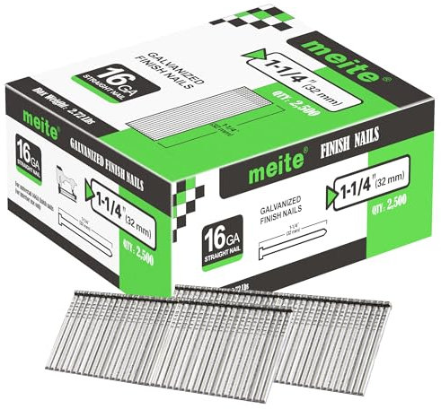 meite T32 16 Gauge Finish Nails, 32 mm 16GA Straight Finish Nails Galvanized Finishing Nail for Nailer Guns - Ideal for Woodworking, Upholstery, and Framing Projects (2,500 Counts)