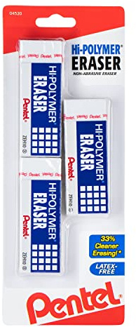 Pentel Borrador de bloque de polímero alto, grande, blanco, paquete de 3 (ZEH10BP3-K6)