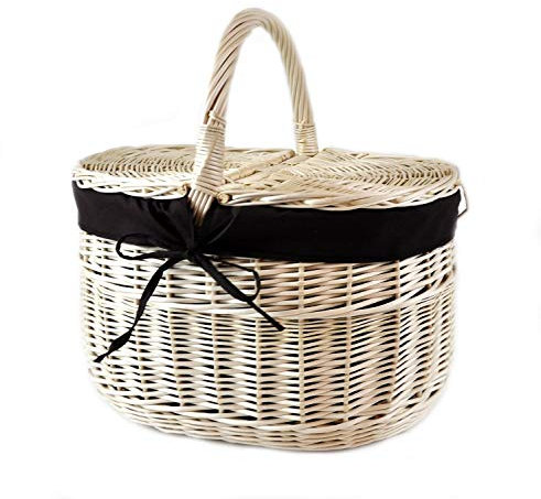MyBer® Korb Picknickkorb Tragekorb Einkaufskorb mit 2 Deckeln Weidenkorb Vollweide geflochten weiß mit Stoffeinlage K12-027-W-SS