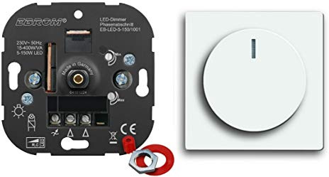 5 Jahre Garantie! EBROM® Unterputz LED Dimmer Drehdimmer + Busch Jäger Dimmerabdeckung 6540-84-102 Studioweiß glänzend Future Linear, Phasenabschnitt für LED 5-150 Watt + dimmbare Halogen 15-400 W/VA