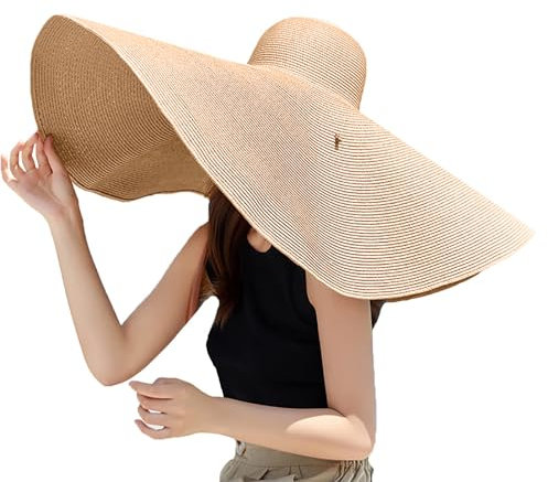 Oversized Beach Straw Hats for Women Extra Large Wide Brim Beach Hat Foldable Roll up Floppy Sun Hat Summer UV Protection (Khaki)