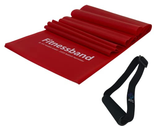 ATC Handels GmbH Fitnessband 1,5m, 2,5m, 5,5m oder 25m x 15,5cm inkl. 1 Paar Haltegriffe - Widerstandsband, Gymnastikband, Trainingsband, Sportband, Muskelaufbau, Krafttraining und Yoga, 5,5m rot