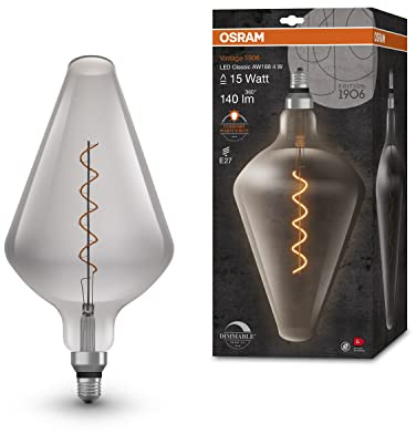 Osram Lamps Vintage 1906 LED-Lampe Smoke-Tönung,4W,140lm,spitz zulaufende Form 193mm Durchmesser & E27-Sockel,warmweiße Lichtfarbe,dimmbares Filament,bis zu 15.000 Stunden Lebensdauer,4058075761018