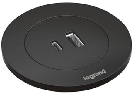 LEGRAND, Incara Disq 60, USB A+C Ladesteckdose, Tischsteckdose, Einbausteckdose, Mehrfachladegerät, 15 Watt, 2m Kabellänge, 2P+E Stecker, Farbe: Schwarz, 654731