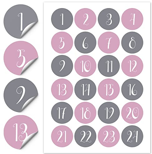 FEENSTAUB Adventskalender Aufkleber (Klebezahlen 1-24) für Adventkalender zum Befüllen, Sticker für Weihnachtskalender, Aufkleber Adventskalender Zahlen, Adventskalendersticker Rosa