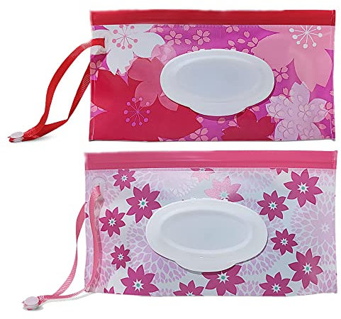 2 sacchetti per salviettine umidificate per bambini, in viaggio, riutilizzabile, per viaggi, casa, ufficio (rosa)