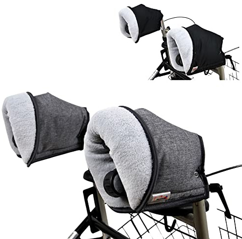 SENIORI Rollator/Rollstuhl HANDWÄRMER Muff Handmuff Handschuhe für Gehhilfe mit warme Fleece (2 Stück) Gehwagen Zubehör (B - Schwarz + Grau Polar)
