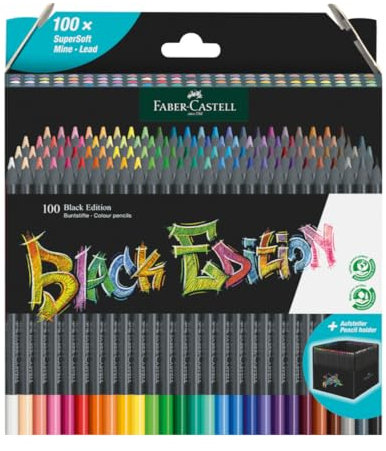 Faber-Castell 116411 Black Edition Boîte de 100 Crayons de Couleur Vibrants, Résistants à la Rupture et Prise en Main Ergonomique, Crayon de Couleurs Colorier sur Papier Clair et Foncé