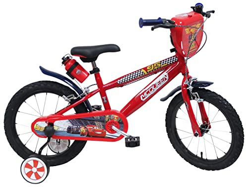 albri, bicicletta scudo anteriore, borraccia e stabilizzatori laterali di cars misura 16 pollici Unisex bambini, Rosso, piccola