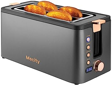 Mecity 4 Slice Toaster, Long Slot Toaster With Warming Rack, Timer, Bagel, Defrost, Reheat Functions, Crumb Tray, 6 Browning Settings, Extra Wide Long Slots, Stainless Steel, 1300W, Grey