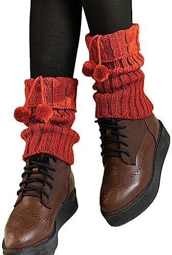Wambere 1 Paar Damen Mädchen Beinwärmer Stulpen Legwarmers Strickstulpen Mit Plüsch Ball Winter Crochet Stricken Stulpen Beinstulpen Sockenüberzüge Stiefelüberzüge Einheitsgröße,Orange