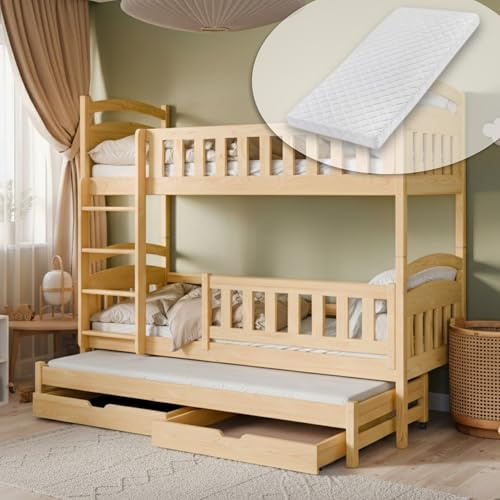 Letto a soppalco 90x200 letto per ragazzi letto a castello per 3 bambini con 2 cassetti letto per bambini trasformabile in 3 letti singoli | da 4 a 18 anni | incl. reti a doghe e 3 materassi | natura