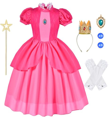 Aomig Pesca Princess Costume per Bambini, 5Pz Vestito da Principessa Pesca Abito Princess Rosa Fancy Dress in Pizzo, Pesca Cosplay Costume con Accessori per Halloween Carnevale Festa Compleanno(100)