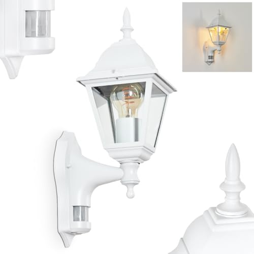 HOFSTEIN Außenwandleuchte Naofe, Außenwandlampe mit Bewegungsmelder aus Metall/Glas in Weiß/Klar, moderne Wandleuchte im Retro/Vintage/Landhaus-Design, E27, IP44, Eingangsbereich, Haustür, Hof