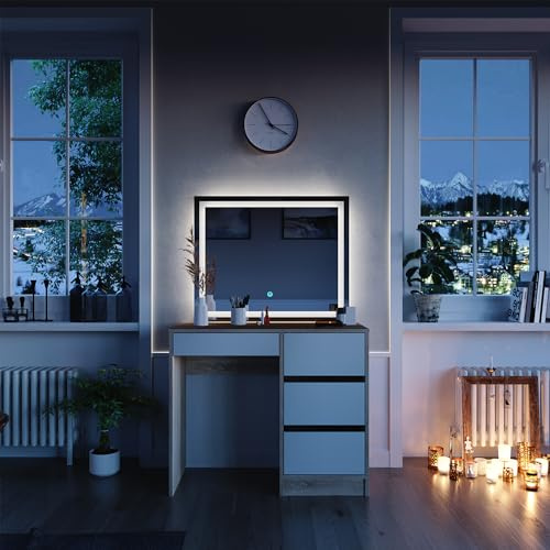 Vicco Schminktisch Sherry, Sonoma, 90 cm | mit LED-Spiegel, mit LED-Beleuchtung und passendem Sitzhocker