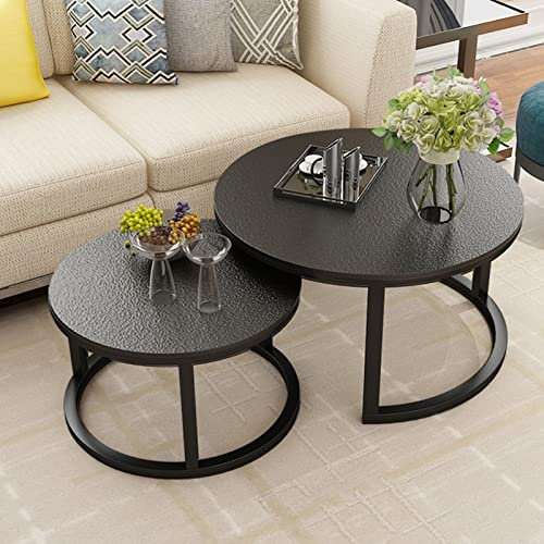Satz-Couchtisch, runder Satztisch im 2er-Set, moderner Akzent-Beistelltisch, Sofatisch aus gehärtetem Glas, für Wohnzimmer, Balkon, Büro, Metallbeine, einfache Montage (Farbe: Schwarz, Größe