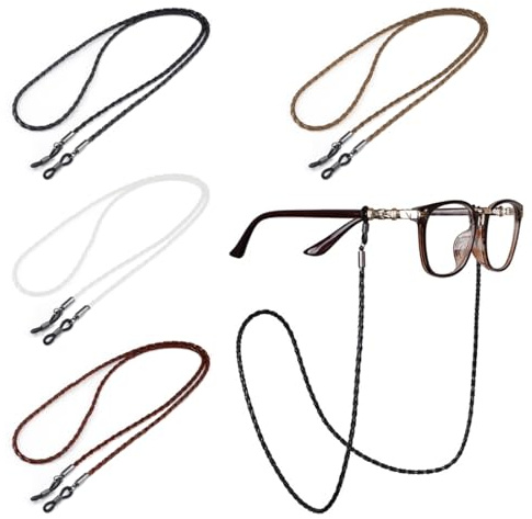 BYX 4-teiliges Brillenband-Set für Damen und Herren, hochwertiges Brillengestell-Umhängeband aus Leder, Drehseil-Brillenseil
