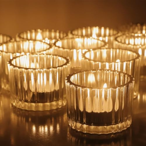 Vohocandle Lot de 24 photophores en verre transparent pour centre de table, bougies chauffe-plat en verre nervuré pour décoration de chambre, décorations de Noël (5 x 3,5 cm x 0,06 kg)