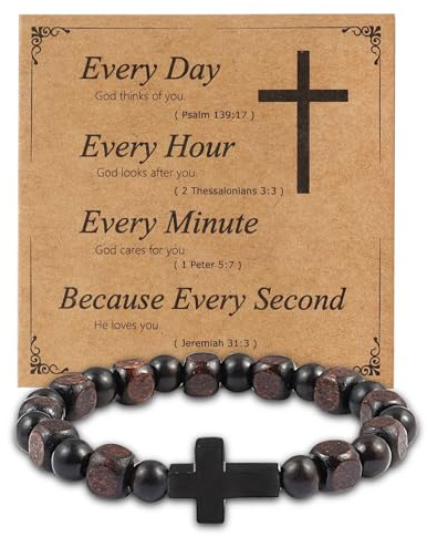 JJDreams Bracciale in Legno Marrone Bracciale Elastico con Croce Braccialetto Della Preghiera Regalo di Anniversario