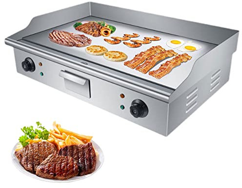 Plancha De Encimera Eléctrica Comercial Parrilla Superior Plana Placa Caliente Barbacoa, Parrilla De Acero Inoxidable Teppanyaki De 4400 W Con Control De Temperatura Dual 50-300 ℃ Y Orificio De Fuga
