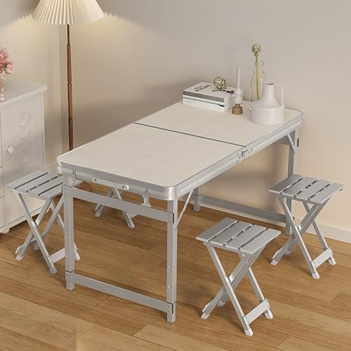 TRUNXUCL Campingtisch Klappbar mit 4 Aluminium Klapphockern, Tragbarer Außentisch für Grill, Garten, Terrasse, Essen, Party, Markt, Einfache Aufbewahrung
