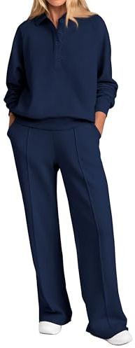 PRETTYGARDEN Women Fall 2 Piece Outfits Sweatsuits Quarter Button Long Sleeve Sweatshirt Wide Leg Pants Tracksuit Lounge Sets(Navy,Medium)
