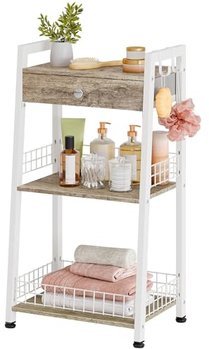 Gewudraw Leiterregal mit 3 Ebenen, Badezimmer Regal mit Schublade, Weiß | Badregal mit Haken, Holz Standregal, Badezimmerregal, Holzregal für Wohnzimmer, Schlafzimmer, Küche, 29,5×41,5×80 CM