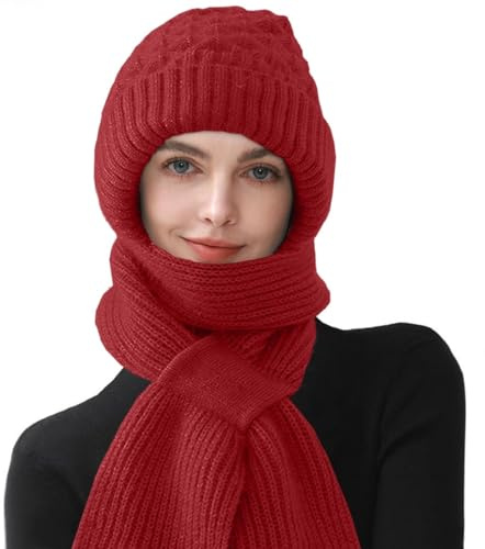 CheChury Strickmützen Damen Mützenschal Winter Integrierter Gehörschutz Winddichte Mütze Schal 2 in 1 Wintermützen und Schal Damen Kapuzenschal Frauen Winter Winterschal Warme Mütze mit Fleecefutter
