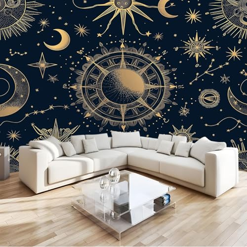 Kosmische Elemente 3D Vlies-Fototapete Sterne Sonne Mond Modernes Wandbild Tv-Hintergrund Wanddeko Art, Für Wohnzimmer, Schlafzimmer, Kinderzimmer Wandbilder B200 X H140 Cm