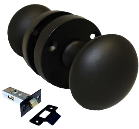 Epsom Door Handle Matt Black Round Door Knob Set - Victorian Style Sprung Internal and External Door Knobs for Mortice Locks and Tubular Latches (Pair of Knobs + Tubular Latch)