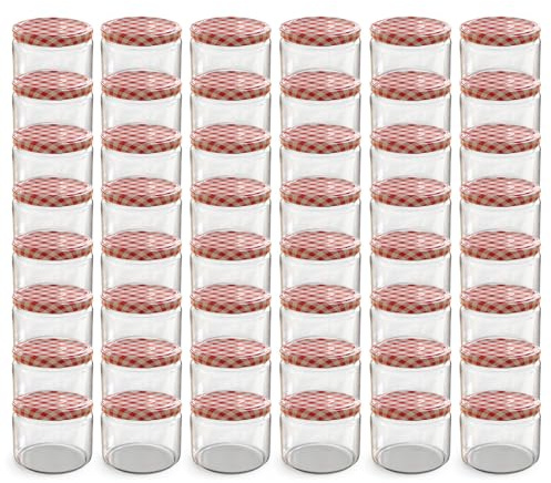 Oputec Lot de 48 bocaux de 282 ml avec couvercles à visser rouges à carreaux – Parfaits pour les confitures, les confitures et plus encore, petits bocaux avec couvercle, parfaits comme pots à