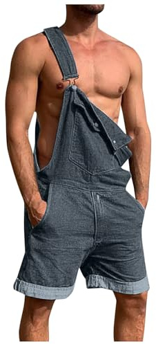 YOSUWOAI Jeans Salopette da uomo in denim, vestibilità normale, estiva, corta, con tasche multiple, da uomo, casual, da lavoro, con spalline regolabili, pantaloni in jeans, O grigio., 3XL