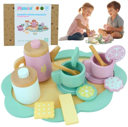 MERKAN Holz Teeset Kinderspielzeug, Toy Teeservice mit Tablett Spiel Rolle - Koch, Küchenutensilien Spielzeug, Tassen, Spielkuchen 17 tlg
