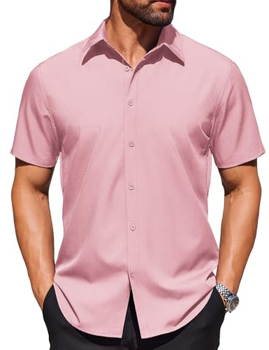 COOFANDY Shirt for Men Short Sleeve Wrinkle Resistant Textured Dress Shirts Summer Button Down Shirt Pink