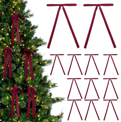 AZURAOKEY Samtschleifen für Weihnachtsbaum, 12,7 x 17,8 cm, Samt-Weihnachtskranz, Schleife, Samt, Weihnachtsbaumschleifen für Weihnachtsbaum, Girlande, Zuhause, Hochzeitsdekoration, Rot, 12 Stück