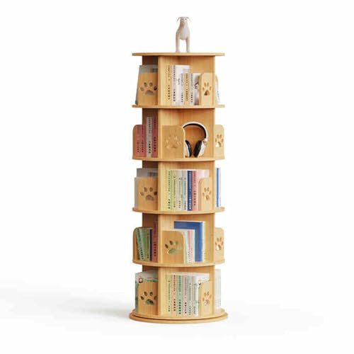 HARELA 4/5/6 Stufiges Drehbares Bücherregal, 360° Rotierendes Bücherregal Standregal Lagerregal, Holz Display Regal, Bücherturm, Lagerregal Für Kinder Und Erwachsene(Light Brown-5 Tier)