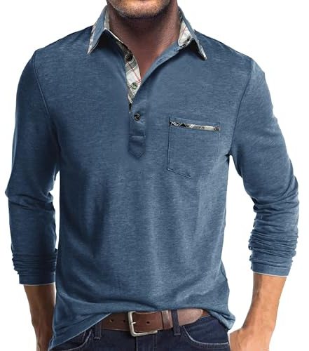 Hopgo Herren Poloshirts Largarm mit Tasche Lässiges Arbeitshemden Pullover Langarmshirt Herren mit Kragen