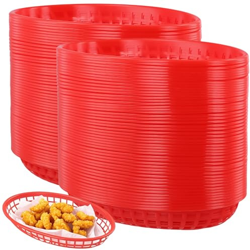 MUKSUET 80 Pcs 24x15.5x4.2CM Red Food Basket, Plastic Chip Baskets, Reusable Plastic Oval Food Basket for Party Picnics, Fries, Sweets, Fruit, Snacks