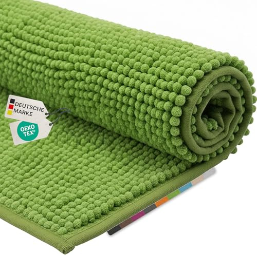 NYVI Badematten Set 2 teilig NYVISpa Chenille 45x50 + 50x80 cm Grün Badematte & WC-Vorleger - Badezimmerteppich Set - rutschfest, Saugfähig, Schnell Trocknend, Fußbodenheizung geeignet, Oeko-TEX