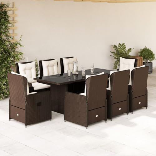 IKAYAA Rattan Essgruppe für 8 Personen, Rattan Gartenmöbel Essgruppe, Gartenmöbel Set mit Verstellbare Tisch und 8 Verstellbare Hochlehner Stühlen, Garten Sitzgruppe inkl. Sitzkissen Braun