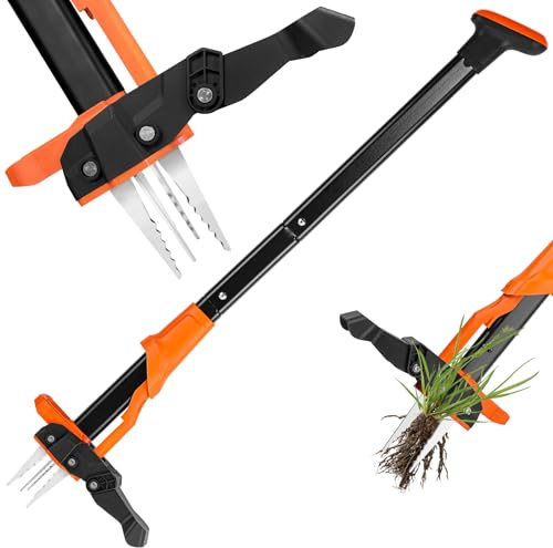 WATFIGBY Weed Puller Tool, Stand Up Weed Puller Heavy Duty, Weeding Tool with 39 Ergonomic Long Handle and 4 Manganese Steel Claws, Easy Eject Mechanism, Weeding Without Bending, Pulling, or Kneeling