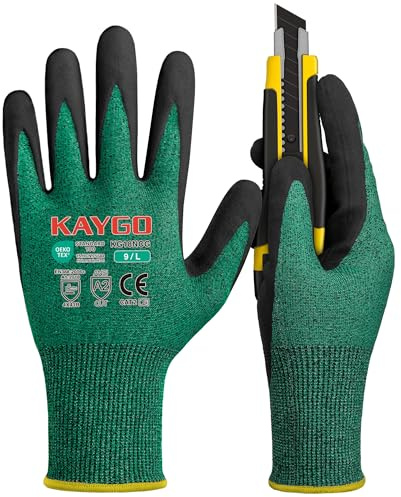 KAYGO Safety Work Gloves MicroFoam Nitrile Coated Cut Resistant, KG18NC | 3 Pairs, Cut Level B, Abrasion Level 4, Light Oil Grip, Ideal for Warehouse, Construction, Auto Repair, DIY (Green, L)