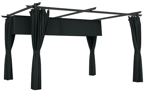 Outsunny Pérgola de Aluminio con Techo Retráctil Pérgola 4x3 m con Paredes Laterales Cenador con Tela de Poliéster Anti-UV Resistente al Agua Pabellón para Jardín Patio Terraza Gris Oscuro