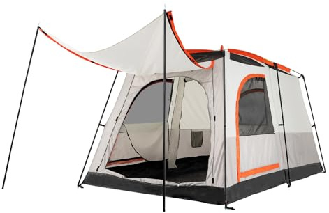 GOPLUS Tente de Camping pour 6 Personnes avec 2 Chambres Séparées, Double Couche & Double Toit, Bâche PE & Fenêtres en Filet, Tente Familiale Imperméable et Coupe-Vent avec Sac de Transport (Orange)