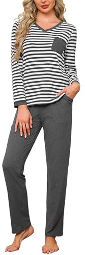 Terecey Pyjama Femme Long en Coton 2 Pièces Haut Rayé Col V avec Poche et Pantalon Confortable Vêtements de Nuit Ensemble Pyjama Femme Maison Cosy pour Automne Hiver