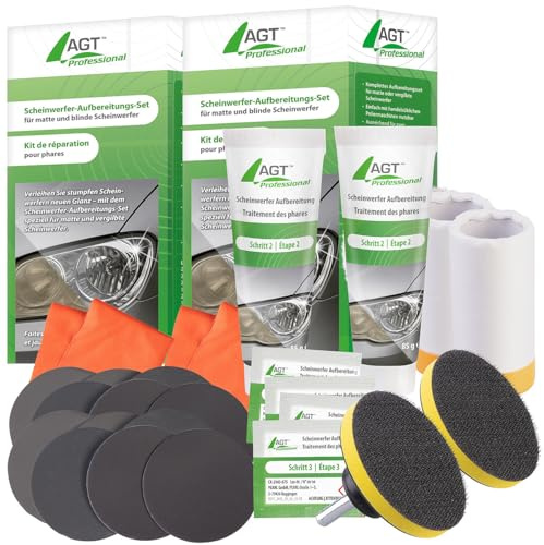 AGT Professional Polieren: 2er-Set Scheinwerfer-Aufbereitungs-Set für Matte und Blinde Scheinwerf (Scheinwerferaufbereitungsset, Polieren)