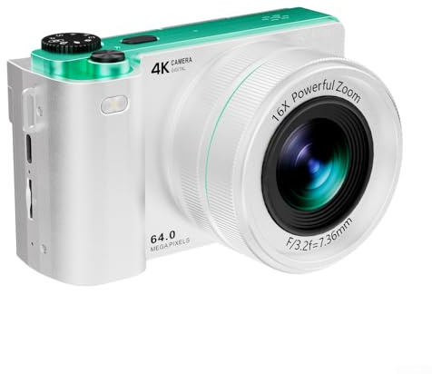 Appareil photo numérique 64 MP avec zoom 16x, vidéo 4K Ultra HD, exposition automatique, flash photo, écran rabattable à 180 degrés pour débutants (blanc)