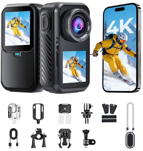 AIKER Action Cam 4K/5K WiFi NEU Upgraded, Bodycam mit 30M wasserdichte/EIS/180 Min Akkulaufzeit/Dual-Screen-Display/Helmkamera 150° Action Kamera für Fahrrad, Schnorcheln, Motorrad,Wandern & Vloggen