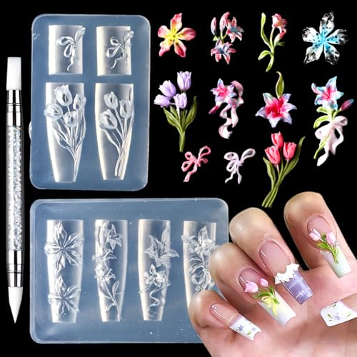 Zosutetoxo Set med 2 silikonformar med 3D-blommotiv och skulpturverktyg, tulpan lilja och rosett mönster för gör-det-själv-nagelkonst